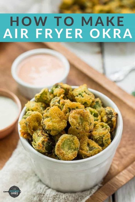 Crispy, crunchy, and so poppable, this Air Fryer Okra will be a huge hit! Perfect as a quick appetizer, side dish, or a healthy game-day snack, homemade fried okra in the air fryer is sure to become a crowd favorite. No air fryer? You'll find alternative cooking methods in the post. How To Air Fry Okra, Best Way To Cook Okra, Cooking Okra In Air Fryer, How To Cook Okra In Air Fryer, Fried Okra Recipe Air Fryer, Breaded Okra In Air Fryer, Fried Okra In Air Fryer, Okra In Air Fryer, Air Fried Okra Recipe