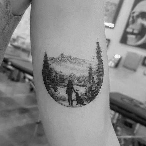 Beautiful Dog Tattoos, Woman In Nature Tattoo, Mountains And Dog Tattoo, Couple Dog Tattoo, Montana Mountains Tattoo, Mountain And Dog Tattoo, Dog Mountain Tattoo, Tattoos For Animal Lovers, Hiking Tattoos For Women