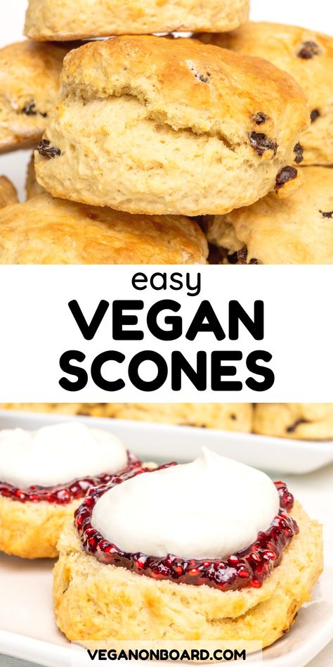 These tasty vegan scones are so easy to make. You can make a batch of this classic British teatime treat in under 30 minutes! Don't you just love a freshly baked scone? Vegan scones are one of our go to bakes when we fancy making something quick and easy, or have last minute guests. They are always a hit at bake sales and community events too. Scones Dairy Free, Scones Vegan, Vegan Afternoon Tea, Coconut Jam, Patisserie Vegan, Vegan Scones, Healthy Afternoon Snacks, Vegan Baking Recipes, Vegan Cakes