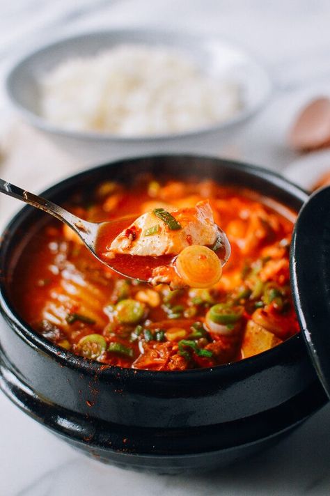 Soondubu Jigae (Korean Soft Tofu Stew) | The Woks of Life Kimchi Jigae Recipe, Soft Tofu Stew, Soup Aesthetic, Korean Tofu, Tofu Stew, Soft Tofu, Korean Soup, Vietnamese Soup, Stew Soup