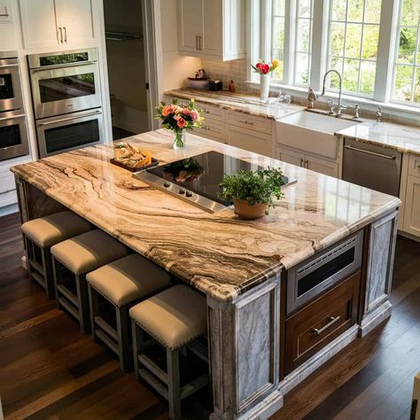 15 Kitchen Island Inspirations to Transform Your Cooking Space Grey Kitchen Inspiration, Elegant Kitchen Island, Kitchen Island With Cooktop, Island With Stove, Kitchen Island With Stove, Granite Kitchen Island, Cooking Island, Granite Island, Large Kitchen Island