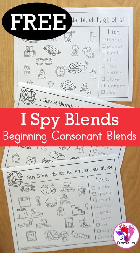 Free Blends I Spy Printable - with l blends, r blends, and s blends for kids to read the words and find the matching picture - 3Dinosaurs.com #beginningblends #ispy #freeprintable #learningtoread #3dinosaurs Free Consonant Blends Activities, L Blends Worksheets Free, Early Finisher Ideas Kindergarten, S Blend Activities, Blend Words Kindergarten, Teaching Blends Kindergarten, Beginning Blends Worksheets Free, S Blends Activities Free, Blends Activities Kindergarten