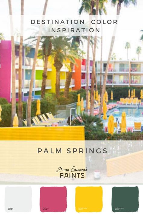 #myDEcolor #DEcolortrends  #DEColorjourney #PalmSprings #winterescape #SaguaroHotel  #travel #colorpalette #colorscheme #color #getaway Palm Springs Color Palette, Saguaro Hotel, Palm Springs Hotel, Flamingo Hotel, Palm Springs Hotels, Dunn Edwards, Palm Springs California, Dunn Edwards Paint, Spring Painting