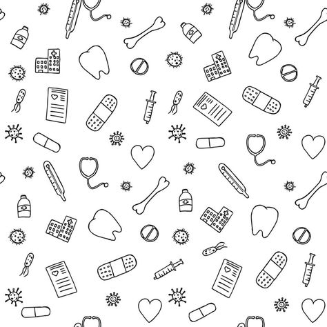 seamless pattern with icons on the theme of medicine. Doodle vector with medicine icons on white background.Vintage medicine icons Medicine Doodles, Vintage Medicine, Doodle Vector, Background Vintage, Surface Design, Seamless Pattern, Seamless Patterns, Vector Art, White Background