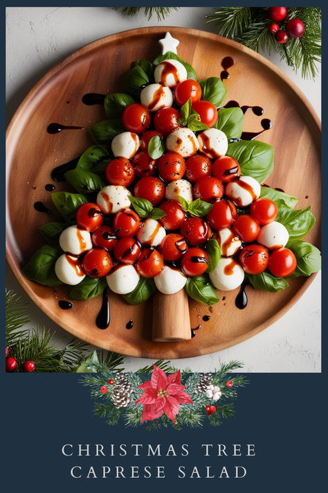 A fresh caprese salad arranged in the shape of a Christmas tree.  Ingredients:  12 mozzarella balls 12 cherry tomatoes Fresh basil leaves 2 tbsp balsamic glaze  Instructions:  Arrange mozzarella balls and cherry tomatoes in a triangle shape on a platter to resemble a Christmas tree. Place fresh basil leaves in between for the tree’s “branches.” Drizzle with balsamic glaze before serving. Christmas Tree Tomato Mozzarella, Caprese Salad Platter, Caprese Christmas Tree Appetizer, Wreath Caprese Salad, Christmas Tree Caprese Salad, Mozzarella Christmas Tree Bites, Caprese Salad Christmas Tree, Christmas Lunch Decor Ideas, Christmas Place Settings Ideas