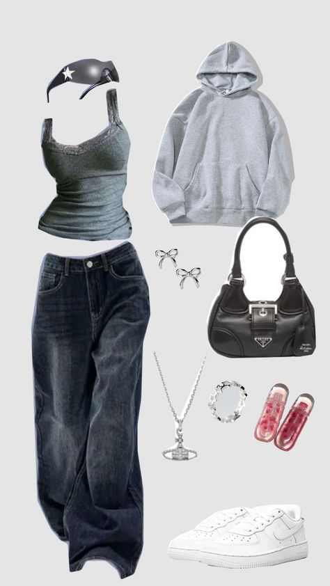 Cool Greys Outfits, Grey Jeans Y2k Outfit, Baggy Y2k Style Gray Bottoms, Grey Aesthetic Outfit, Gray Y2k T-shirt For Spring, Gray Y2k Style T-shirt For Streetwear, Y2k Gray T-shirt For Streetwear, Grey Outfit Ideas, Ahs Outfits