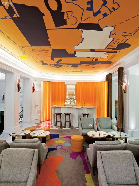 colourful false ceiling for an office space Interior Greenery, Hotel Library, Parisian Elegance, Restaurant Vintage, Design Café, Ceiling Murals, Hotel Interior Design, Lounge Bar, W Hotel