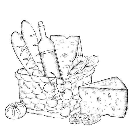 Bread Basket Drawing, Picnic Basket Drawing, Picnic Sketch, Countryside Sketch, Picnic Drawing, Wine Sketch, Bread Drawing, Wine Drawing, Cheese Drawing