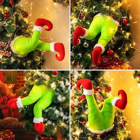 Grinch Legs For Christmas Tree, Christmas Tree Elf Legs, Garland Ornaments, Santa Claus Elves, Xmas Tree Toppers, Elf Legs, Elf Christmas Tree, Green Monsters, Tree Topper