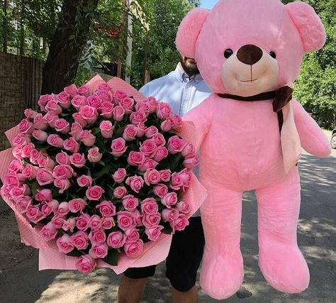 Flowers And Bear Gift, Roses Teddy Bear, Pink Roses Bouquet Gift Valentines Day, Flower Bear Roses, Big Pink Teddy Bear, Huge Teddy Bears, Big Teddy Bear And Flowers Gift, Roses Bouquet Gift, Giant Teddy