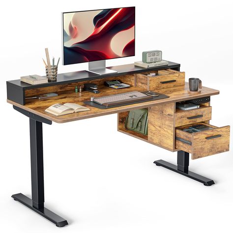 PRICES MAY VARY. Whole-Piece Workspace: Our whole-piece stand up desk top reduces the hassle of the cleaning process, which also provides a broad space for working and writing! 3 Pull-out Drawers: FEZIBO Standing Desk feature a unique, practical design. Three wooden pull-out drawers provide a larger storage space for multiple items! Memory Height and Anti-Collisionollision Technology: Standing adjustable height desk has 3 programmable memory height buttons. If the electrical desk encounters obst Sit To Stand Desk Office, Standing Desk With Storage, Desk With Monitor Shelf, Rising Desk, Standing Desk Adjustable, Desk Adjustable Height, Desk With Monitor, Monitor Shelf, Best Standing Desk