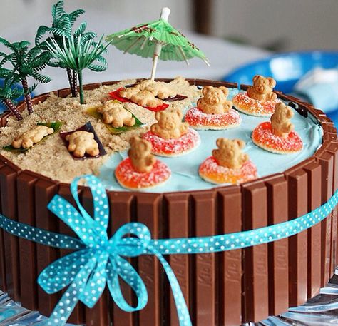 Kit Kat beach party cake Pool Birthday Cakes, Swimming Pool Cake, Beach Birthday Cake, Pool Party Cakes, Pool Cake, Kit Kat Cake, Beach Birthday Party, Beach Cakes, Gateaux Cake