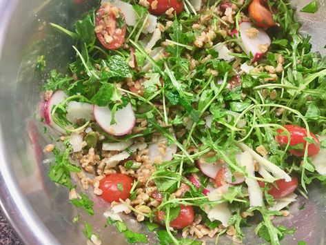 Farro Salad, Baby Arugula, Fresh Mint Leaves, New Cookbooks, Fresh Apples, Grape Tomatoes, Radishes, Apple Juice, How To Squeeze Lemons