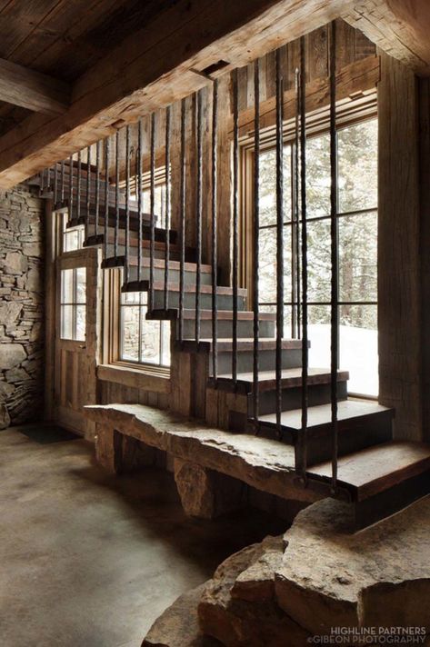 Mountain Retreat-Montana-KA Architecture-05-1 Kindesign Contemporary Stairs Design, Rustic Staircase, Rustic Stairs, Contemporary Stairs, Timber Staircase, Chalet Design, Stone Walls, Cabin Style, Stair Railing