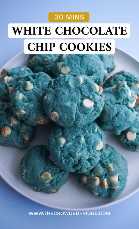 White Chocolate Chip Cookies Blue Chocolate Chip Cookies, Blue Party Foods, Blue Snacks, Mini Chocolate Chip Cookies, Party Snack Food, Blue Cookies, White Chocolate Chip, White Cookie, The Lightning Thief