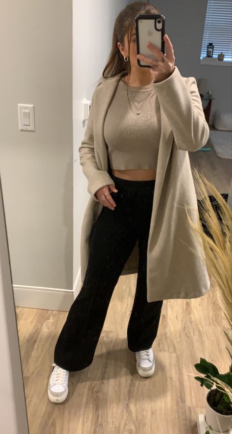 Comfy outfit, fall outfit idea, long coat, flare pants, platfrom nike blazers, comfy and cute outfits for fall, Comfy And Cute Outfits, Cute Outfits For Fall, Flare Pants Outfit, Nike Blazers, Outfits For Fall, Comfy Outfit, Outfit Fall, Flared Pants, Cute Fall Outfits