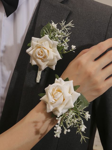 Flower Decor Boutonniere & Wrist Corsage Prom Flowers Corsage, Wrist Corsage Prom, Prom Corsage And Boutonniere, Homecoming Corsage, Boutonnieres Prom, Corsage And Boutonniere Set, Wrist Flowers, Modern Wedding Flowers, Corsage And Boutonniere