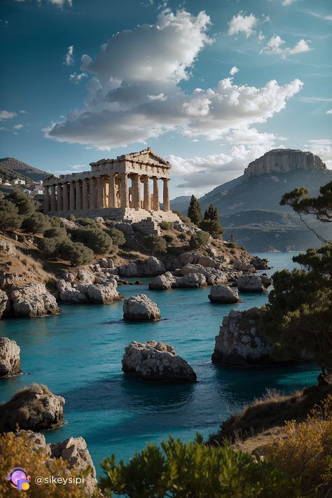 Greek Temple on the Cliffs: Where History Meets Nature | Art, Digital Art  The Greek temple on the cliffs represents a point where history meets nature. The digital artwork captures its grandeur amidst the rugged landscape, creating a compelling visual story. This image was generated using Stable Diffusion. #GreekTemple #HistoryAndNature #Art #DigitalArt Greek Landscape Art, Antica Grecia Aesthetic, Greek Temple Art, Greek Islands Aesthetic, Greek Vineyard, Grecian Aesthetic, Theros Art, Greek Landscape, Greece Design