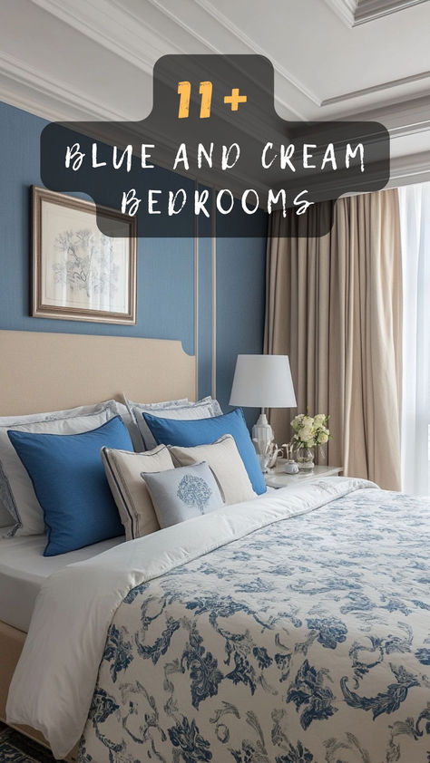 Transform your sleep space into a serene sanctuary with blue and cream! Click to discover 11 dreamy bedroom ideas! 🌜💤 #BedroomInspo #SereneSanctuary #HomeDecor #PeacefulSleep #InteriorDesign Bedding To Match Blue Walls, Blue And Cream Room Aesthetic, Cornflower Blue Bedroom Ideas, Blue And Sand Bedroom, Blue And Neutral Bedroom, Dusty Blue Bedroom Ideas, Bedroom Ideas Blue Walls, Blue Wall Bedroom Ideas, Periwinkle Bedroom Ideas