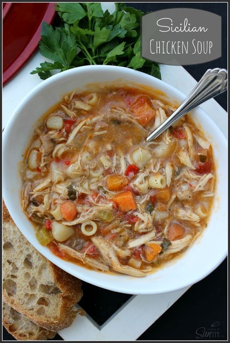 Sicilian Chicken Soup Sicilian Chicken Soup, Carrabbas Recipes, Sicilian Chicken, Ditalini Pasta, Soup Chicken, Chicken Crockpot, Best Soup Recipes, Copycat Recipe, Chicken Noodle