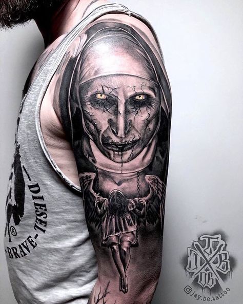 Scary Nun Tattoo, Tattoos Scary, Reutlingen Germany, Evil Tattoo Ideas, Nun Tattoo, Evil Nun, Tattoo Pierna, Satanic Tattoos, Tattoo Angel