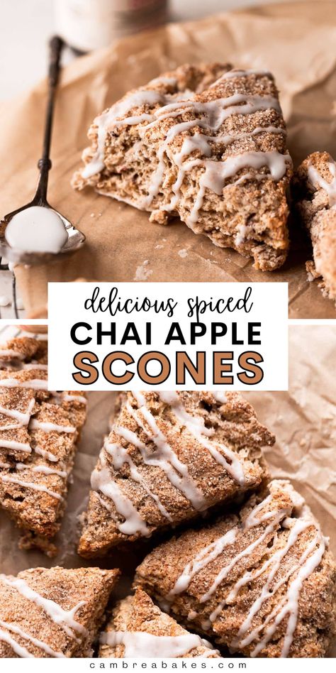 These fresh apple cinnamon scones have the best apple flavor, warm spices, and a delicious cinnamon glaze on top. They are perfect fall recipe served for a breakfast treat or dessert! | Cambrea Bakes Scone Icing Recipe, Apple Chai Scones, Apple Scone Recipes, Cobs Scones Recipe, Fall Flavored Scones, Home Made Scones Recipe, Savory Fall Baked Goods, Fall Apple Breakfast Ideas, Chai Scones Recipe