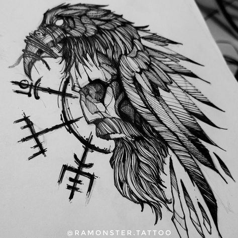 Odin And Raven Tattoo, Nordic Skull Tattoo, Odin Crows Tattoo, Epic Tattoos For Men, Berserker Tattoo Vikings, Raven Hand Tattoo, Norse Tattoo Men, Raven Tattoo Ideas For Men, Odin Sketch