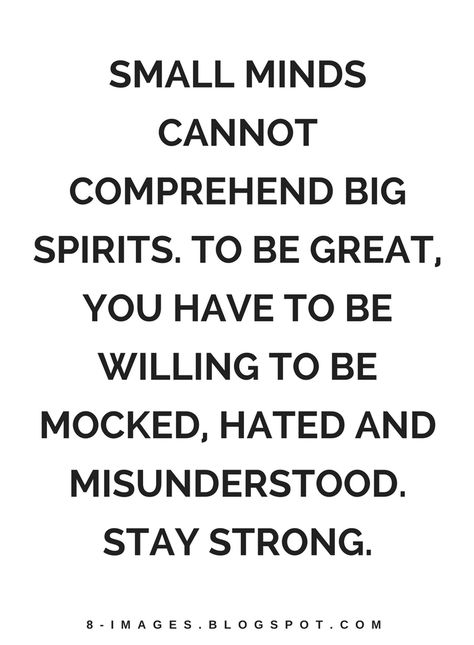 Quotes Small minds cannot comprehend big spirits. To be great, you have to be willing to be mocked, hated and misunderstood. Stay Strong. To Be Misunderstood Quotes, People Mocking You Quotes, Strong Spirit Quotes, Comprehend Quotes, Best Female Quotes, How To Stay Strong, Books For Strong Mindset, Strong Willed Quotes, Being Mocked Quotes