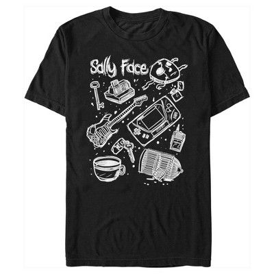 Join Sal Fisher, aka Sally Face as he and his friends investigate local murders in the exciting indie adventure game created by Portable Moose, Sally Face! This Men's Sally Face Icon Doodles Graphic T-Shirt features doodles of Sal's mask, a guitar, a Gear boy, an instant camera, keys, a lighter, a coffee cup, a bird cage, and a Walkie-talkie. Get some new Sally Face apparel today and join the boy with the prosthetic face on his next investigation! Icon Doodles, Prosthetic Face, Sal Fisher, Face Icon, Sally Face, Mens Graphic T, Adventure Game, Instant Camera, Swaggy Outfits