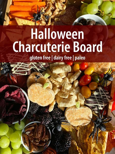 This healthy Halloween charcuterie board is made with paleo friendly ingredients - all gluten free and dairy free. This board is perfect for a Halloween party or simple evening Halloween dinner for the family. Whole 30 Halloween Recipes, Dairy Free Halloween Recipes, Paleo Halloween Recipes, Dairy Free Halloween, Paleo Holiday Recipes, Halloween Charcuterie Board, Gluten Free Halloween, Gluten Free Snacks Healthy, Halloween Charcuterie