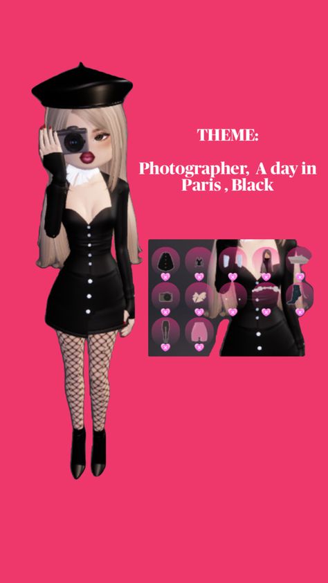 black dti dress to impress outfits photographer outifits ootd paris black Flower Bouquet Drawing, Dress To Impress Outfits, A Day In Paris, Photographer Outfit, Theme Dress, Paris Dresses, Taylor Swift Fan, Photo Cards, Dress To Impress