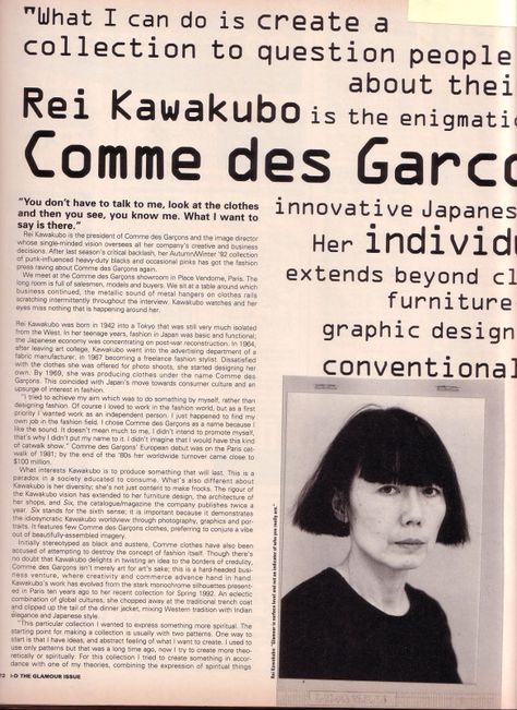 Rei Kawakubo - tokyoglamour1 Commes Des Garcons, Rei Kawakubo Comme Des Garcons, Furniture Graphic, Zine Design, Graph Design, Rei Kawakubo, Study Style, Fashion Poster, Des Garcons