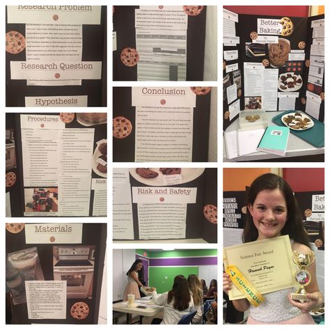 Challenge A Science Fair: Hannah won first place with her Better Baking project on testing which baking sheet material baked the most evenly baked cookie. Cookie Science Fair Project Board, The Great Cookie Dunk Science Experiment, Cookie Science Fair Project, Sugar Science Fair Project, Popcorn Science Fair Project Board, Now That’s Amazing Science Fair, Science Fair Board, Science Fair Projects Boards, Middle School Projects