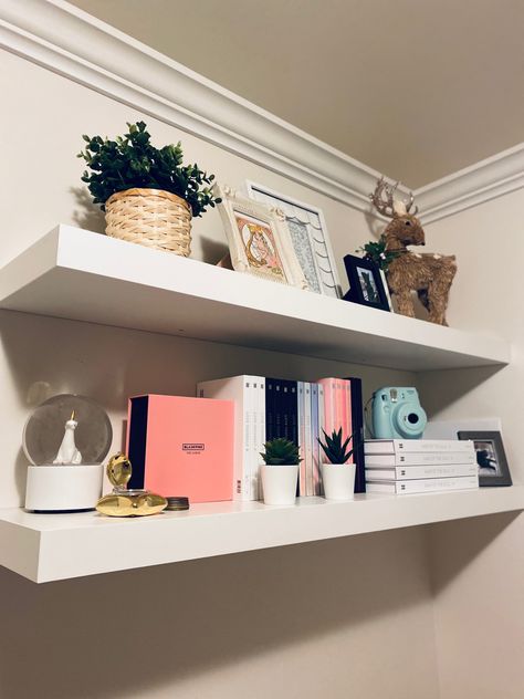 BTS, kpop, sailor moon, pink, holographic, white, minimalist Tall Shelf Next To Bed, Long Shelves On Wall Bedroom, Long Shelf Decor Bedroom, White Shelf Ideas, Floating Shelf Above Desk, Wall Shelf Decor Bedroom, Aesthetic Floating Shelves, Bookshelf Above Bed, Wall Shelves Nursery