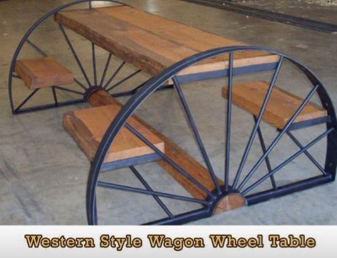 Wagon Wheel Table Iron Wagon Wheel Ideas, John Deere Crafts, Wagon Wheel Table, Meja Outdoor, Metal Picnic Tables, Wagon Wheel Decor, Wheel Table, Rustic Furniture Design, Horseshoe Crafts Projects