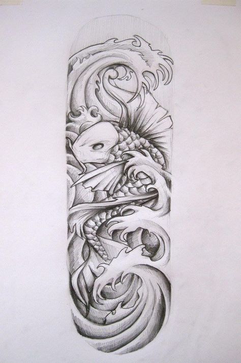 Koi Fish With Waves Tattoo, Koi Fish Waves Tattoo, Japan Fish Tattoo Design, Koi Fish And Dragon Tattoo, Koi Fish Forearm Tattoo, Japanese Tattoo Koi Fish, Fish Tattoo Forearm, Forearm Drawing, Koi Fish Tattoo Stencil