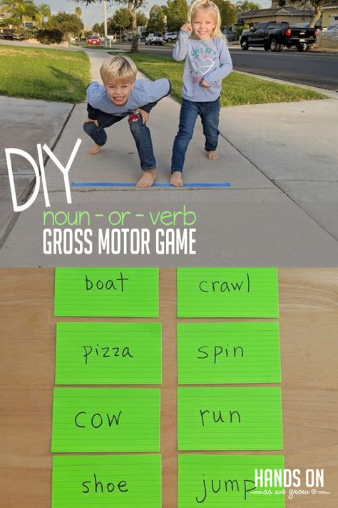 Discover the difference between nouns and verbs with an easy to DIY gross motor game that's perfect for preschoolers! via @handsonaswegrow Motor Games For Kids, Gross Motor Games, Verb Games, Nouns Activities, Verbs Activities, Grammar Games, Nouns And Verbs, Gross Motor Activities, Kindergarten Learning