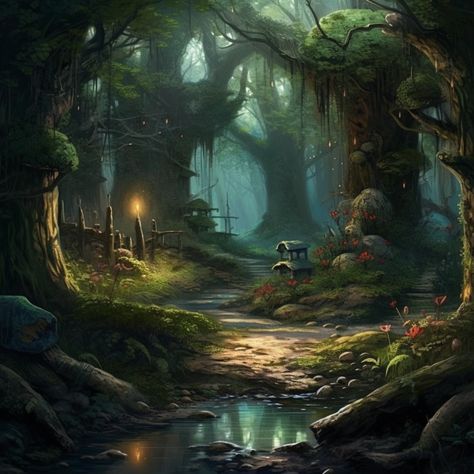 secrete woodland with lantins and taking trees, fairies and goblins Fantasy Quest, Forest Journal, Fantasy Literature, Fantasy Role Playing, Fairy Forest, Tiny Village, Fantasy Authors, Chique Outfits, Fantasy Adventure