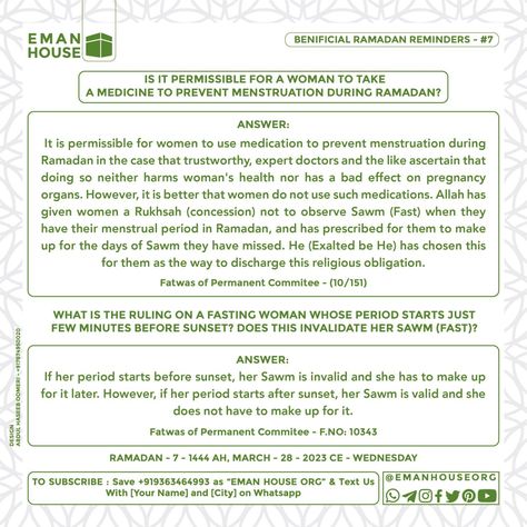 Assalamu alikeum wa rahmatullahi wa barakatuhu Q. IS IT PERMISSIBLE FOR A WOMAN TO TAKE A MEDICINE TO PREVENT MENSTRUATION DURING RAMADAN? Q.WHAT IS THE RULING ON A FASTING WOMAN WHOSE PERIOD STARTS JUST FEW MINUTES BEFORE SUNSET? DOES THIS INVALIDATE HER SAWM (FAST)? Share with others... Ramadan Reminders, Menstrual Period, Islamic Reminders, Before Sunset, Womens Health, Ramadan, A Woman, Take A, Period