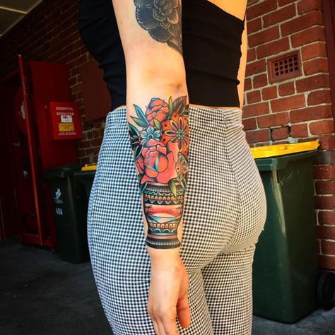 Done by kirk Jones @kirk_jones #goodlucktattoo #kirkjonestattoo Luck Tattoo, Forearm Flower Tattoo, Cuff Tattoo, Traditional Tattoo Flowers, Colour Flowers, Forearm Tattoo Women, 1 Tattoo, Body Modification, American Traditional Tattoo