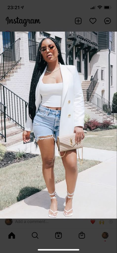 Shorts Outfits For Dinner, Fashion Inspo Outfits Dinner, Datenight Summer Outfit Black Women, All White Concert Outfit Ideas, White Shirt Jean Shorts Outfit, Blazer And Jean Shorts Outfit Black Women, Jean Shorts Outfit Black Women Heels, White Sandals Outfit Black Women, White And Denim Brunch Outfits