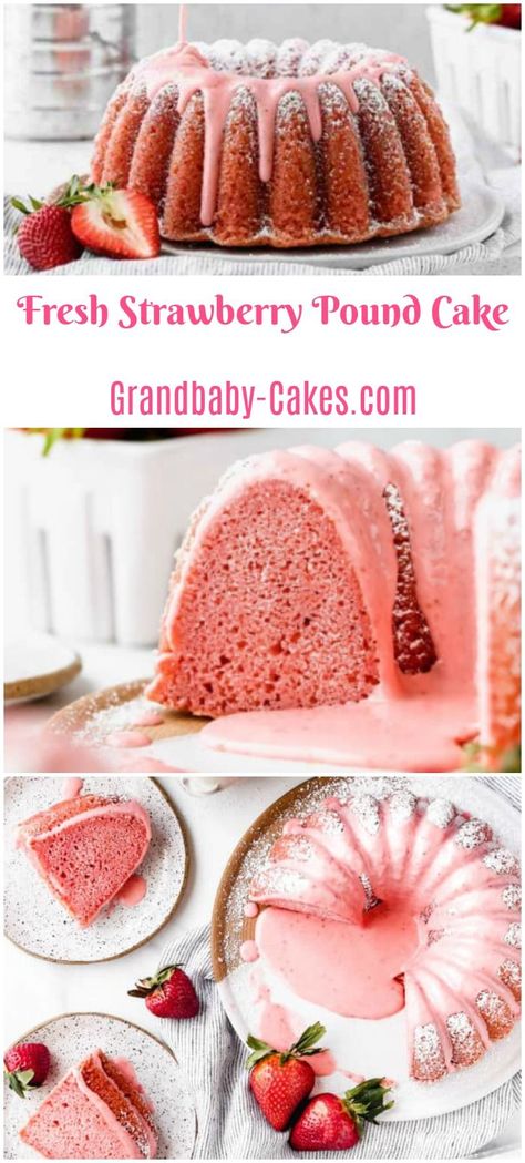 A delicious pound cake, perfectly dense, but so moist, with wonderful pops of fresh strawberries and a delicious strawberry glaze. With the use of strawberry puree and extract, it’s undeniably the best strawberry cake recipe ever!  #strawberry #strawberries #berries #cake #poundcake #bundtcake Best Ever Strawberry Cake Recipe, Strawberry Pound Cake Recipe, The Best Strawberry Cake, Best Strawberry Cake Recipe, Best Strawberry Cake, Berries Cake, Strawberry Cake Recipe, Strawberry Pound Cake, Strawberry Glaze