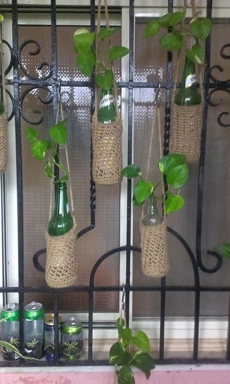 Wine Bottle Planter, Beer Bottle Crafts, Tanaman Air, Small Balcony Garden, نباتات منزلية, Diy Plant Hanger, Bottle Garden, Herb Planters, Plant Decor Indoor