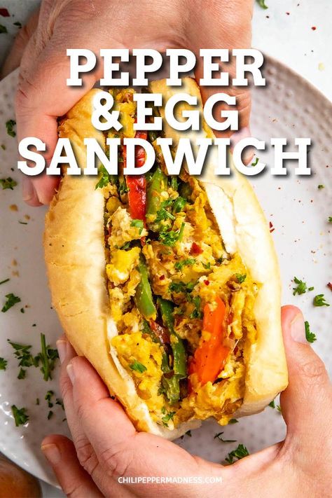 This Italian-American inspired sandwich is scrambled eggs and chopped peppers. A quick 20 minute meal the family will love. #breakfast #lunch #easyrecipes Pepper And Egg Sandwich, Sandwich Rolls, Egg Sandwich Recipe, Pepper Sandwich, Fluffy Scrambled Eggs, Eggs In Peppers, Spicy Chicken Recipes, Egg Sandwich, Simple Sandwiches