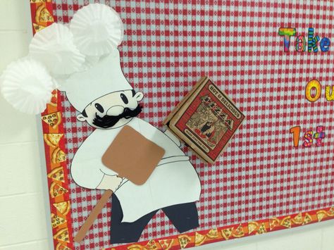 Pizza themed bulletin board. Hand drawn man with pipe cleaners for mustache and coffee filters for hat. Class Charter, Pta Membership, Preschool Bulletin, Preschool Bulletin Boards, Box Tops, Class Decoration, Pipe Cleaners, Birthday Board, Coffee Filters