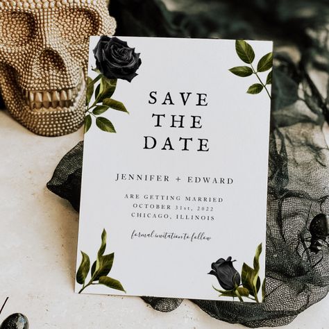 Gothic Halloween Wedding Save The Date - halloween cards Gothic Wedding Theme, Gothic Wedding Invitations, Dark Wedding Theme, Halloween Wedding Invitations, Halloween Themed Wedding, Wedding Rehearsal Dinner Invitations, Floral Save The Dates, Halloween Gothic, Dark Wedding