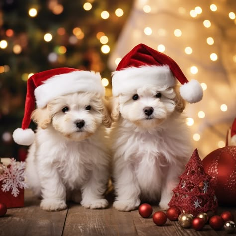 AI art of a two white puppies wearing a santa claus hat sitting among Christmas decorations. Puppies Christmas Pictures, Multiverse Images, Christmas Pet Photos, Cat And Dog Memes, Cat And Dog Photos, Merry Christmas Cat, Puppy Photography, Goldendoodle Puppies, Christmas Dogs