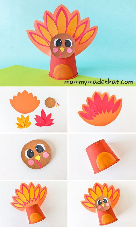 Paper Cup Turkey Craft for kids. A cute and fun Thanksgiving craft for kids! Paper Cup Turkey Craft, Turkey Craft Paper Towel Roll, Paper Strip Turkey Craft, Torn Paper Turkey Craft, Toilet Paper Roll Crafts For Kids Fall Thanksgiving Turkey, Thankful Projects, Turkey Craft For Kids, Paper Plate Animals, Fun Thanksgiving Crafts