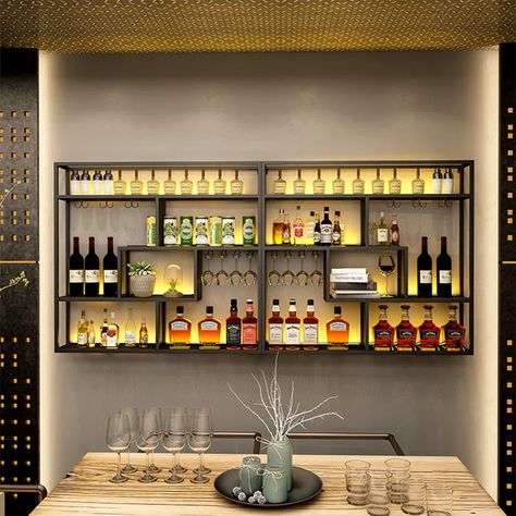 Latitude Run® Melina 94.5'' Bar Cabinet | Wayfair Restaurant Bar Cabinet, Wall Wine Holder, Black Bar Cabinet, Liquor Storage, Metal Storage Cabinet, Hanging Wine Rack, Metal Room, Home Bar Rooms, Modern Home Bar