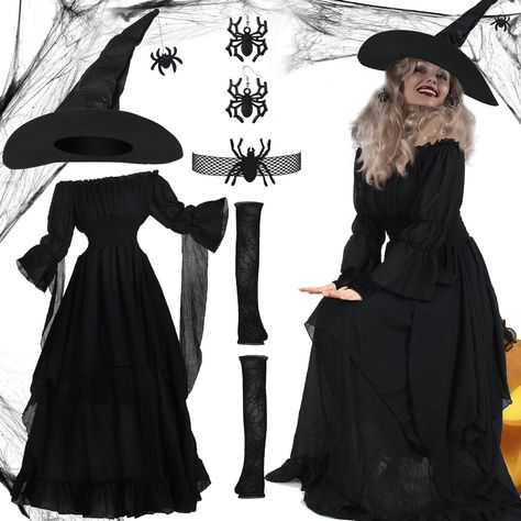 PRICES MAY VARY. Witch Costume for Women: you will receive 1 black goth dress, 1 black witch hat, 1 pair of long elbow gloves, 1 spider necklace and 1 pair of spider earrings, sufficient quantities for various combinations to show your personal charm on Halloween Witch Costume Features: the witch dress has elastic soft neckline, which can be worn on and off the shoulder will show a more beautiful neck lines, elasticized/ high/ smocked waist and bell sleeve suitable for your body perfectly, full